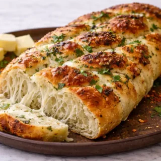 Italian Herb and Cheese Bread with a golden cheese crust and soft, stretchy interior, sliced and ready to serve