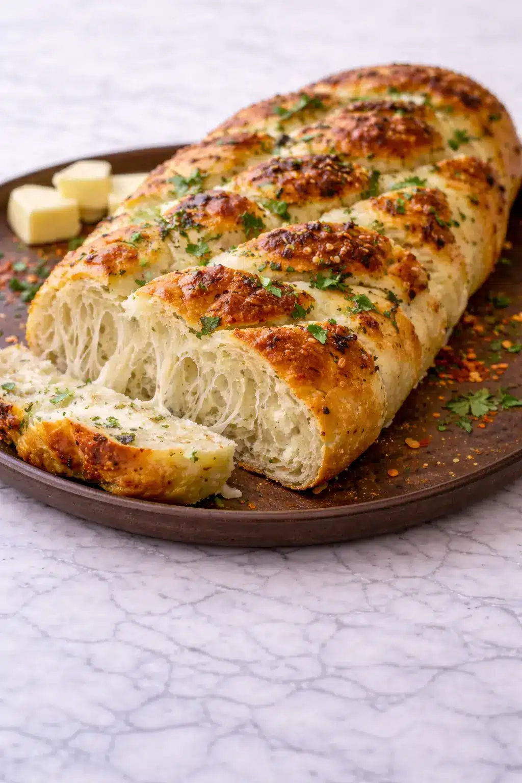 Vertical image of Italian Herb and Cheese Bread with a golden cheese crust and soft, stretchy interior on a marble surface
