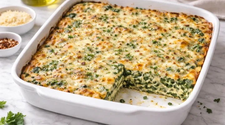 Italian spinach bake fresh from the oven in white baking dish on marble surface