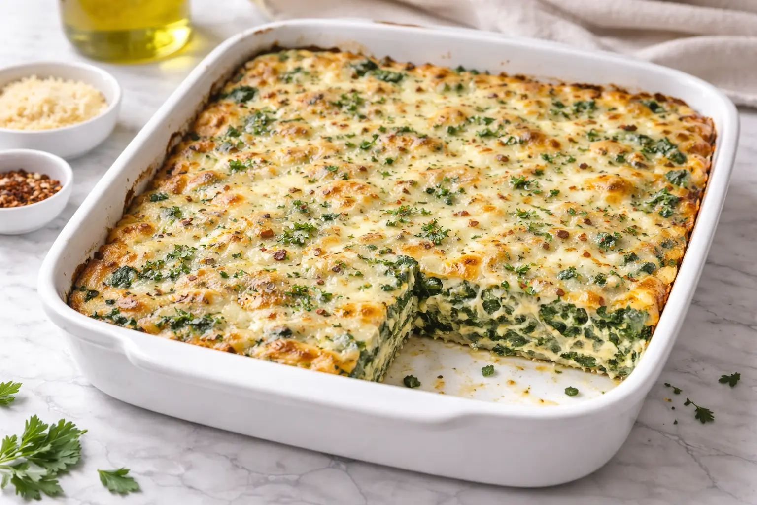 Italian spinach bake fresh from the oven in white baking dish on marble surface