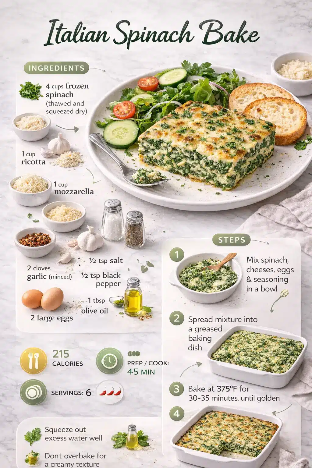 Italian Spinach Bake Italian spinach bake recipe infographic with ingredients, steps, and baking instructions