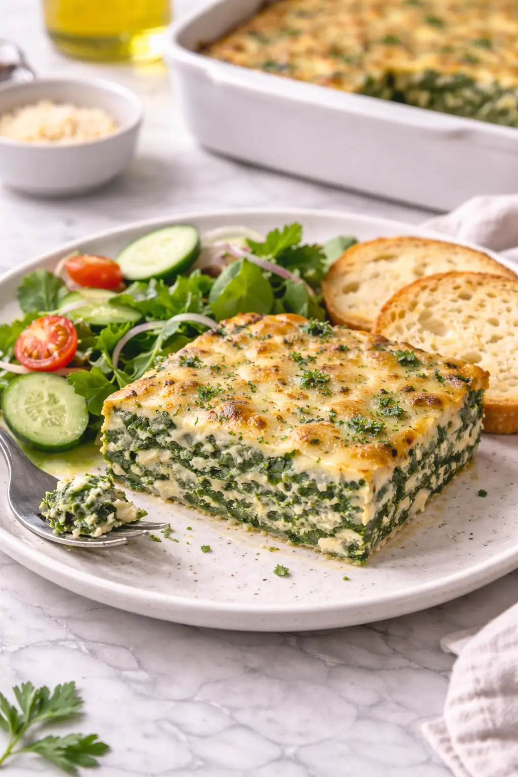 Italian Spinach Bake Italian spinach bake served with salad and bread on white marble table