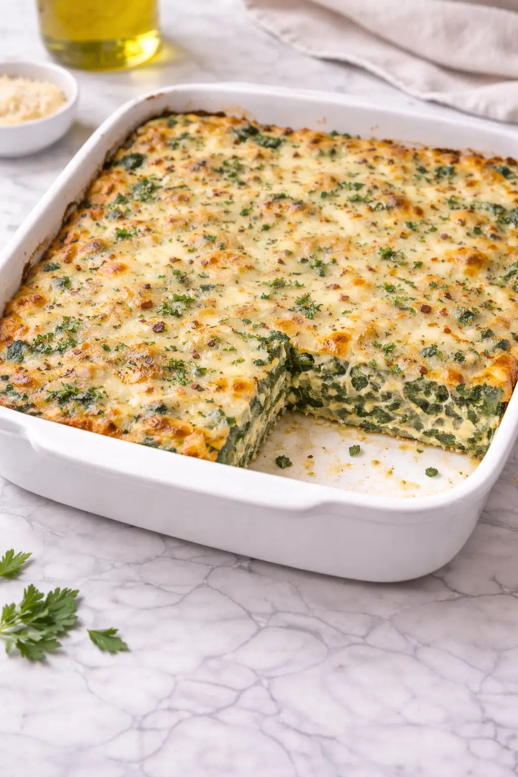 Italian Spinach Bake Vertical 9x16 Italian spinach bake with golden cheese topping in white baking dish