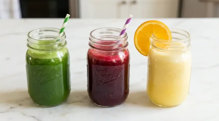 Photorealistic image of refreshing juicing recipes for beginners, finished and ready to serve, naturally plated in a home kitchen.