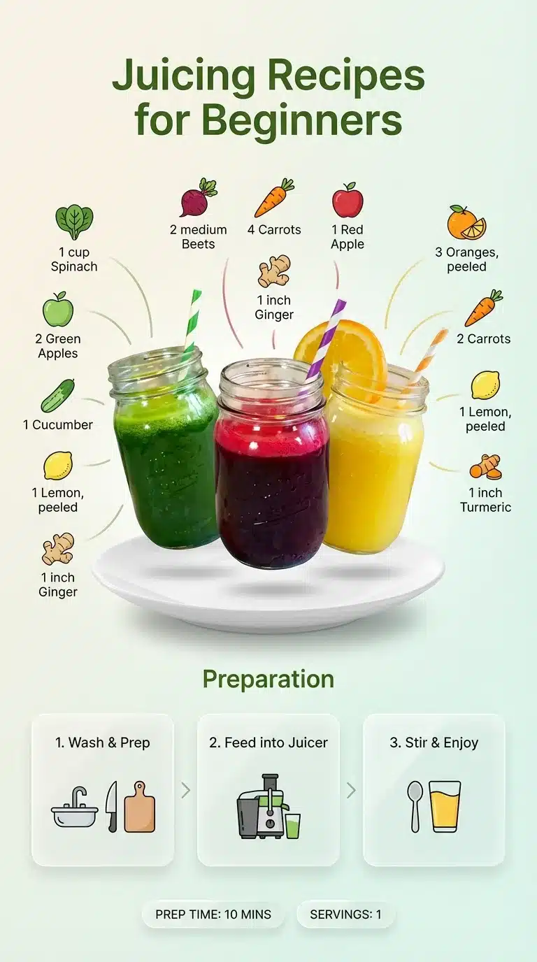 Infographic for beginner juicing recipes, showcasing finished juice as hero, clean ingredient icons, and step-by-step instructions.