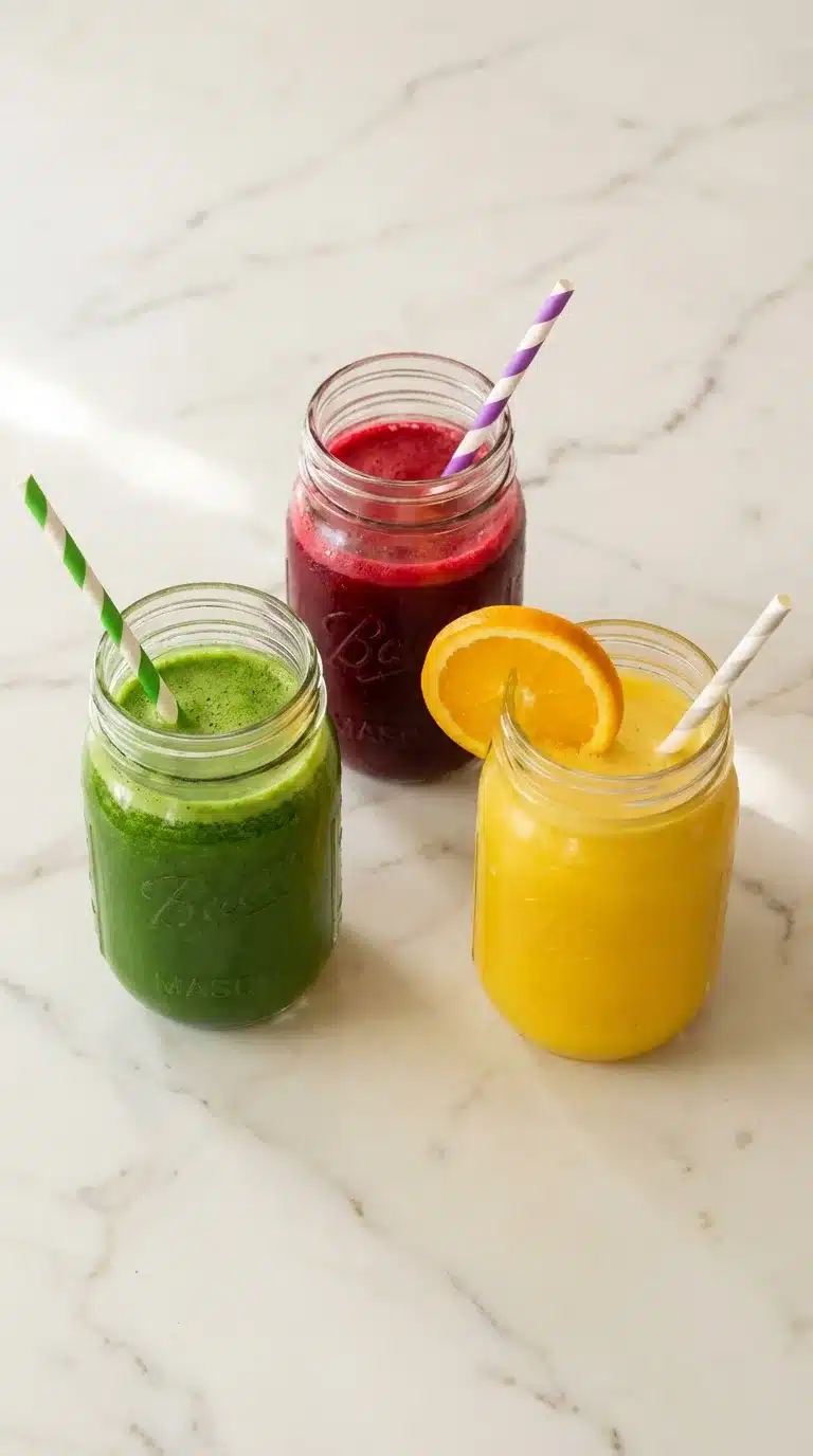 Photorealistic image of fresh juicing recipes for beginners, ready to serve on white marble, captured with natural daylight in a home kitchen setting.