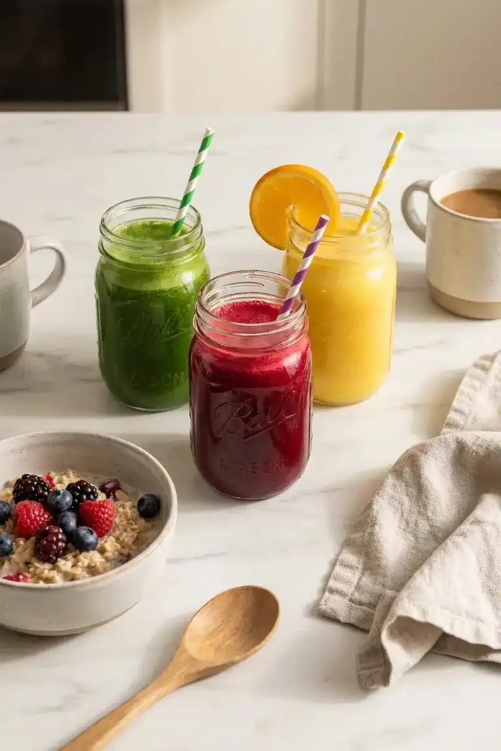 Freshly prepared juicing recipes for beginners, served on white marble with natural light in a cozy home kitchen.