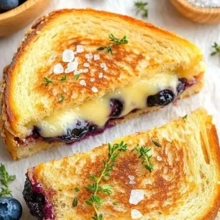 Juicy blueberry grilled cheese sandwich with melted cheese and fresh blueberries