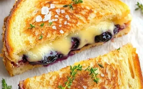 Juicy blueberry grilled cheese sandwich with melted cheese and fresh blueberries