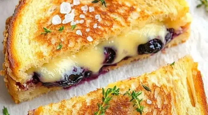 Juicy blueberry grilled cheese sandwich with melted cheese and fresh blueberries