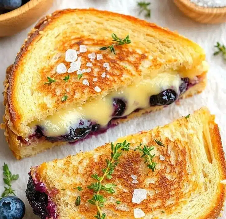 Juicy blueberry grilled cheese sandwich with melted cheese and fresh blueberries