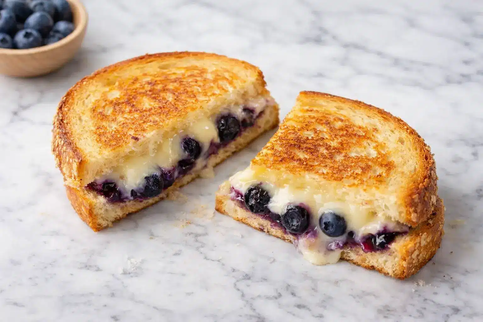 Juicy blueberry grilled cheese sandwich with melted cheese and fresh blueberries on golden toasted bread, photographed on white marble surface