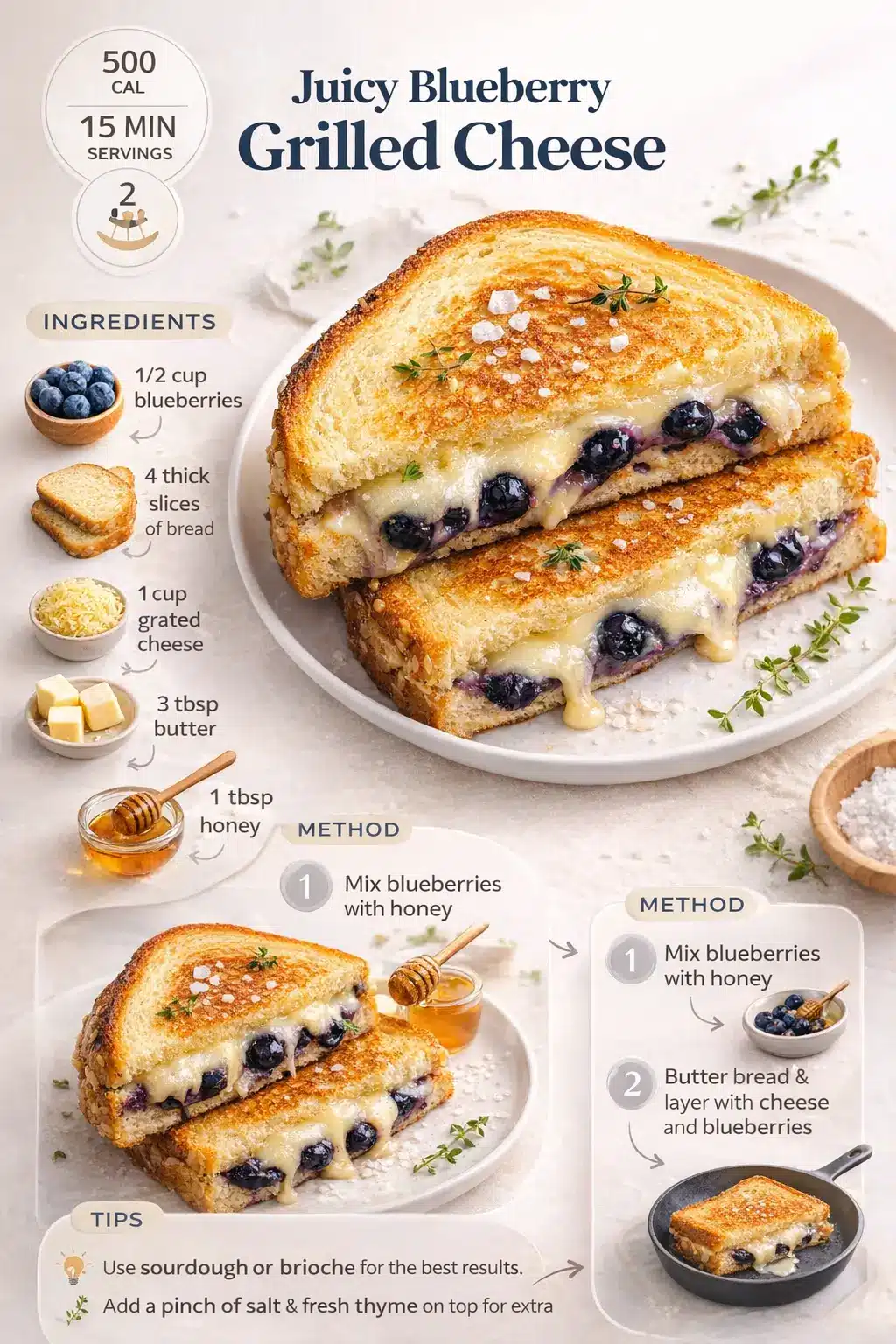 Juicy blueberry grilled cheese sandwich with melted cheese and fresh blueberries, presented as a modern step-by-step recipe infographic.