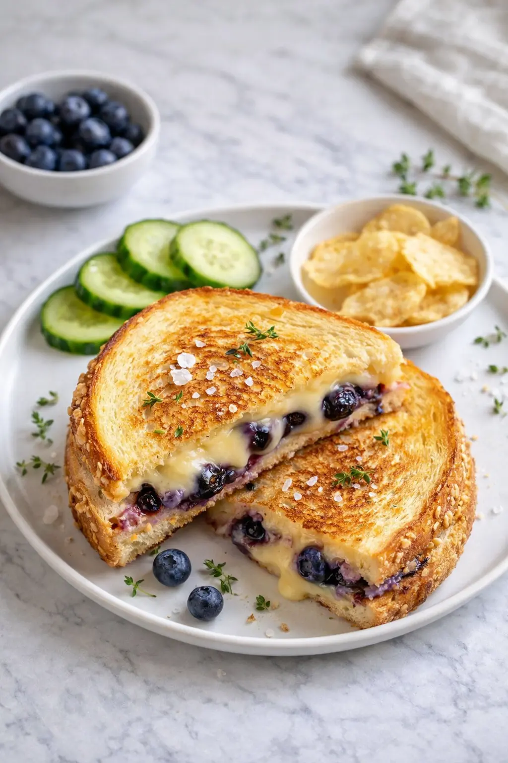 Juicy blueberry grilled cheese sandwich with melted cheese and fresh blueberries served on a white marble surface with simple sides, ready to eat