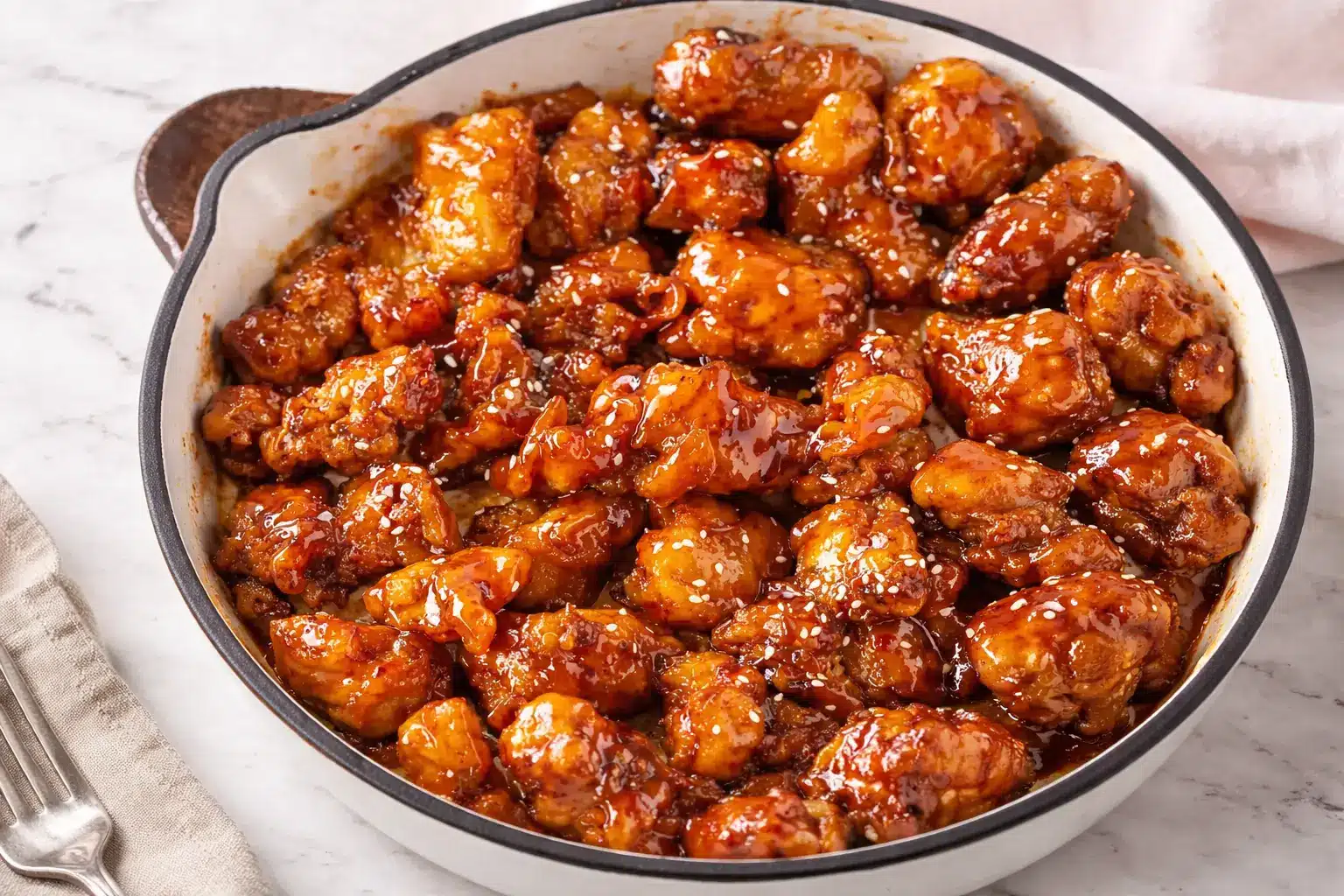 Honey garlic chicken bites served hot in a skillet, part of Just 26 Comfort Food Recipes You Can Make Right Now