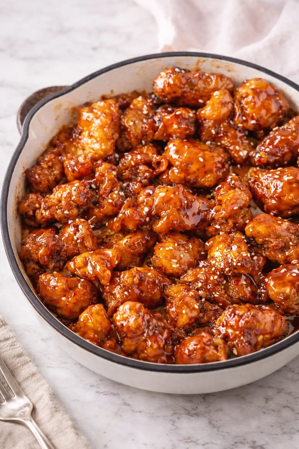 Just 26 Comfort Food Recipes You Can Make Right Now Vertical image of honey garlic chicken bites served hot in a skillet, from Just 26 Comfort Food Recipes You Can Make Right Now