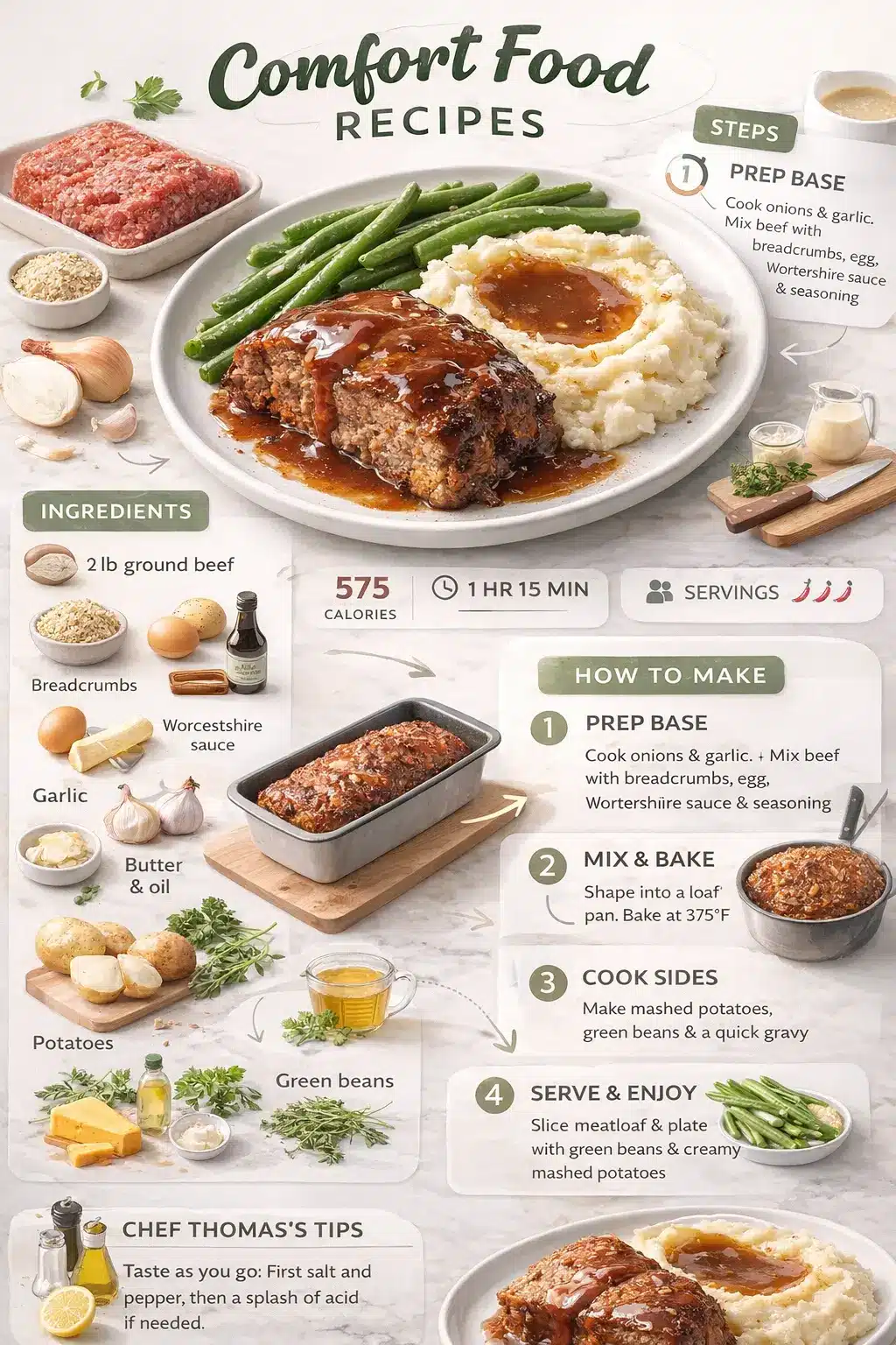 Just 26 Comfort Food Recipes You Can Make Right Now Recipe infographic showing meatloaf with mashed potatoes and green beans, from Just 26 Comfort Food Recipes You Can Make Right Now