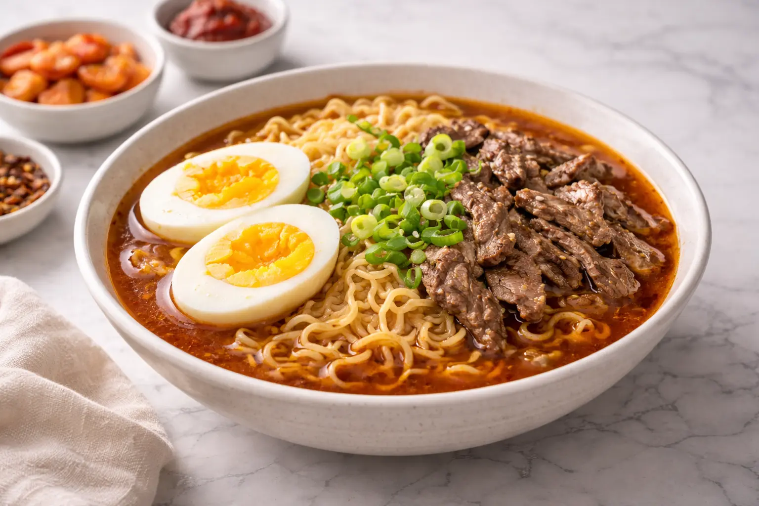 Korean spicy ramen with beef served in a bowl with noodles, broth, and sliced beef