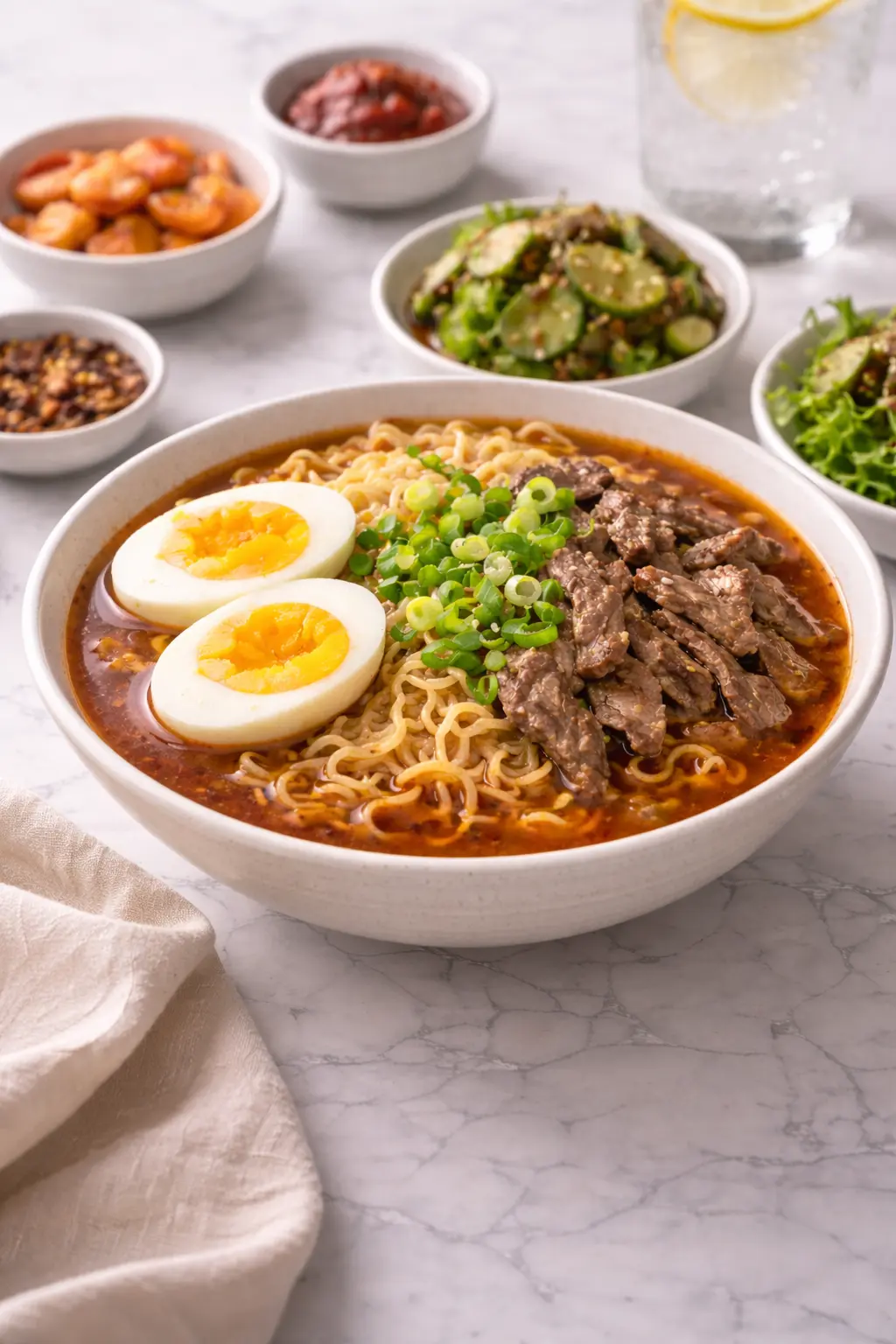 Korean spicy ramen with beef served with eggs and simple side dishes