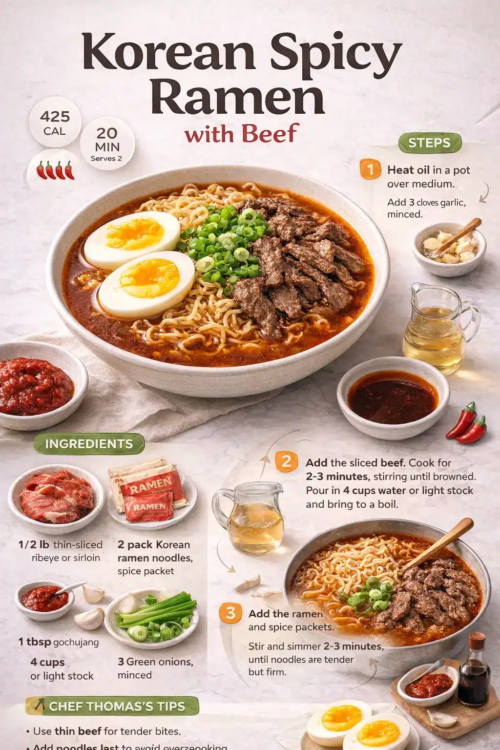 Korean spicy ramen with beef recipe infographic showing ingredients and cooking steps