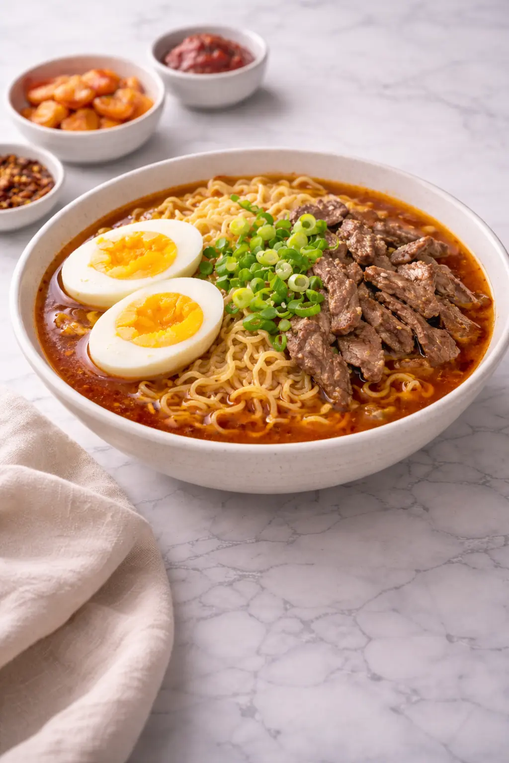 Korean spicy ramen with beef served in a bowl with noodles, broth, and sliced beef