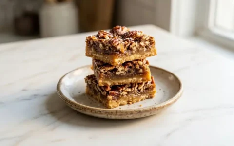 Lazy Girl Pecan Pie Bars, naturally plated on white marble, ready to serve. Fresh, realistic food photography with natural light.