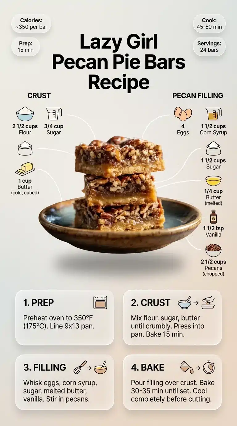 Lazy Girl Pecan Pie Bars recipe infographic, featuring plated pecan pie bars, ingredients with icons, and step-by-step preparation.
