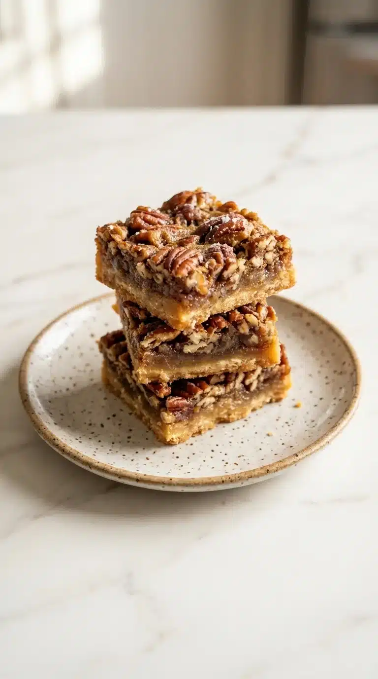 Lazy Girl Pecan Pie Bars Recipe, photorealistic, ready to serve, on white marble, natural daylight, home kitchen feel.