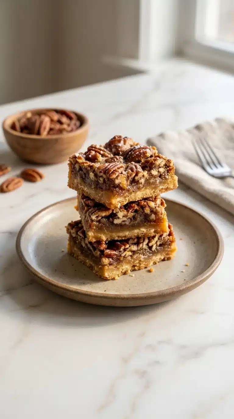 Lazy Girl Pecan Pie Bars served, showcasing their delicious texture on a white marble surface with natural daylight.