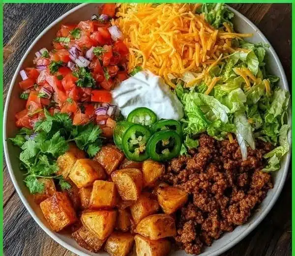Loaded Potato Taco Bowl topped with fresh ingredients and flavorful spices.