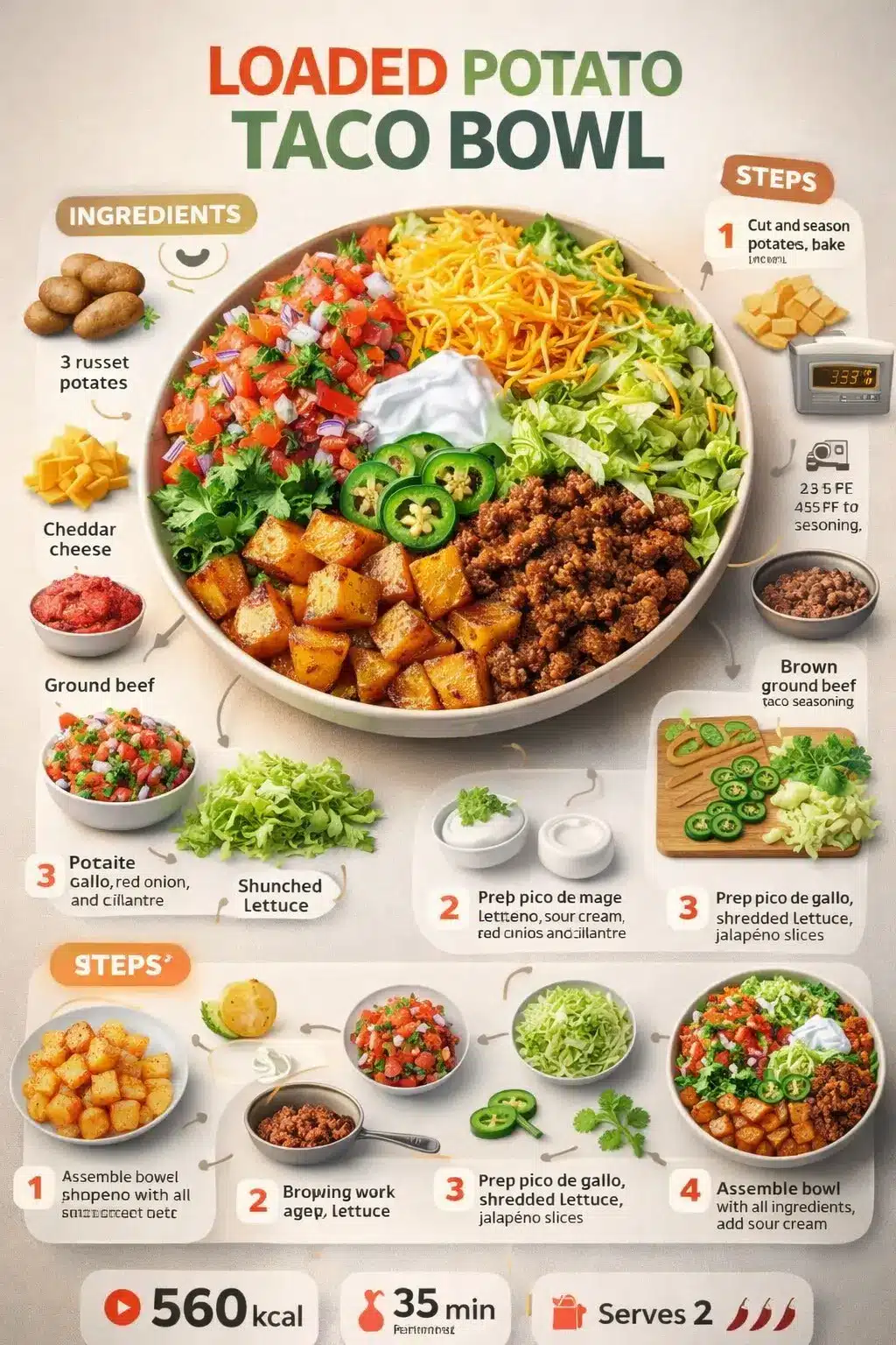 Ultra-clean recipe infographic showing a Loaded Potato Taco Bowl with roasted potatoes, seasoned ground beef, cheddar cheese, pico de gallo, lettuce, jalapeños, and sour cream, arranged in a modern step-by-step layout.
