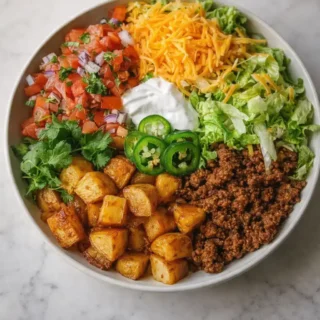 Photorealistic loaded potato taco bowl with roasted potatoes, seasoned ground beef, shredded cheese, fresh pico de gallo, lettuce, sour cream, and jalapeños on white marble background