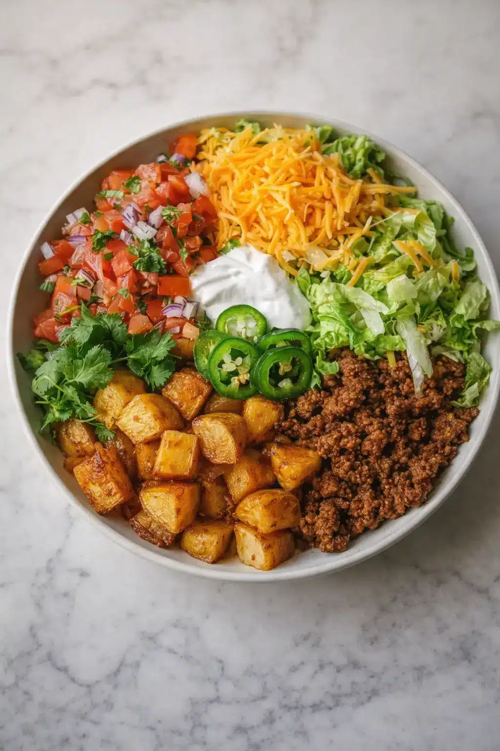 Photorealistic loaded potato taco bowl with roasted potatoes, seasoned ground beef, shredded cheese, fresh pico de gallo, lettuce, sour cream, and jalapeños on white marble background