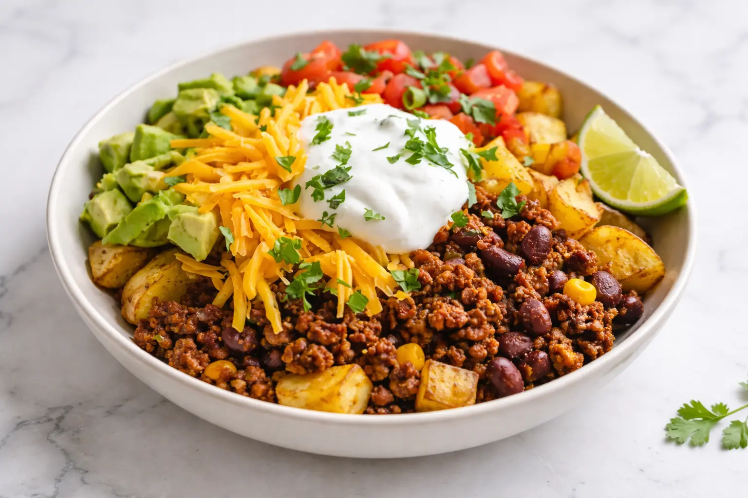 Loaded Potato Taco Bowl with crispy roasted potatoes, seasoned ground beef, black beans, melted cheddar cheese, avocado, tomatoes, and sour cream on a marble surface