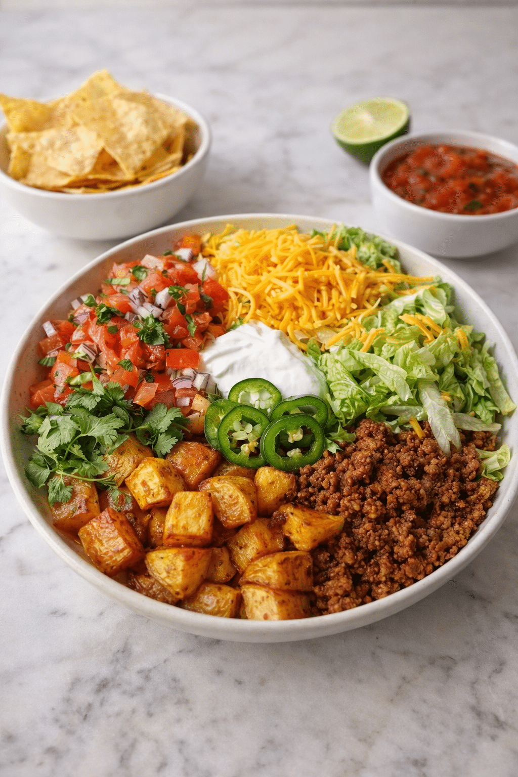 Loaded potato taco bowl with roasted potatoes, seasoned ground beef, fresh pico de gallo, shredded lettuce, cheddar cheese, jalapeños, and sour cream served on a white marble surface.