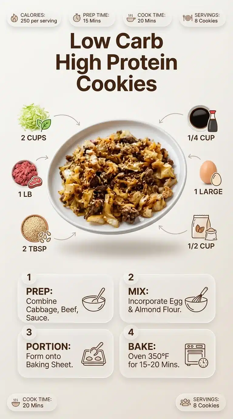 Low Carb High Protein Meals Modern infographic of Low Carb High Protein Meals recipe, showing finished cookies, ingredients with quantities, and step-by-step preparation.