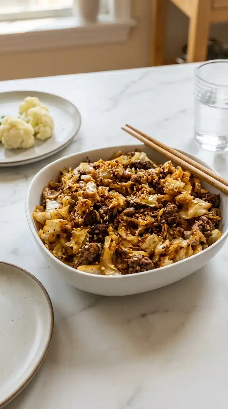 Low Carb High Protein Meals Photorealistic Low Carb High Protein Meals, freshly prepared and served in a home kitchen setting on white marble.