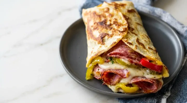 Photorealistic Low-Carb Italian Sub Wrap, finished and ready to serve, featuring deli meats, cheese, and vegetables.