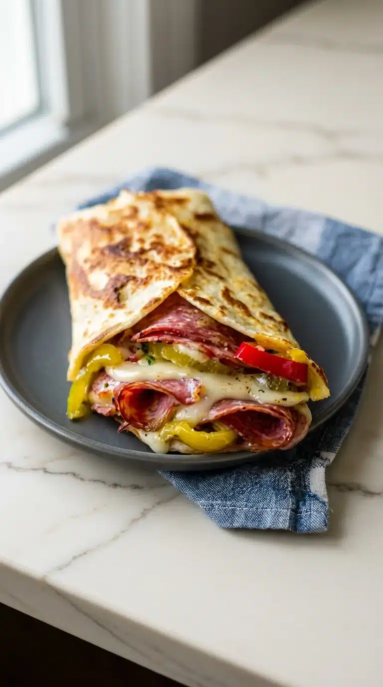 Photorealistic Low-Carb Italian Sub Wrap, naturally plated on white marble, ready to serve, shot with natural daylight.