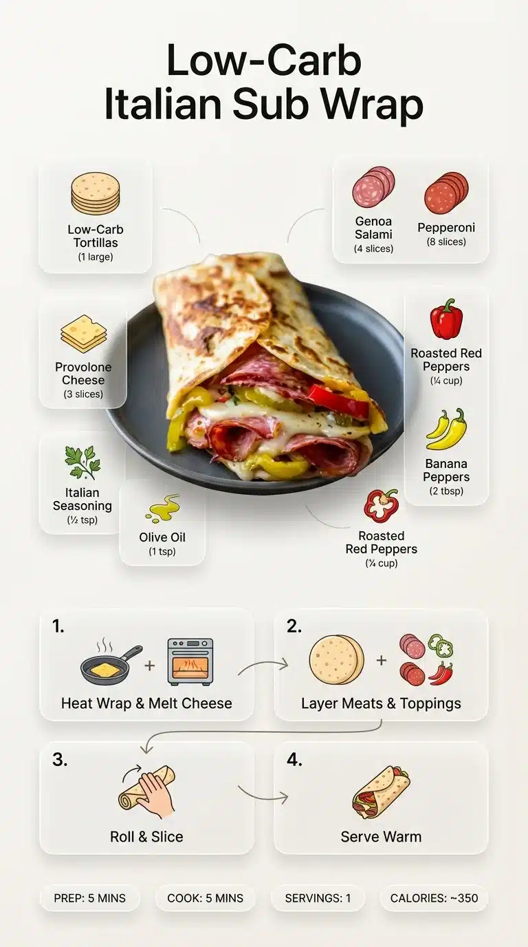 Low-Carb Italian Sub Wrap recipe infographic. Vertical 9x16 layout showing ingredients, steps, and nutrition for a healthy meal.