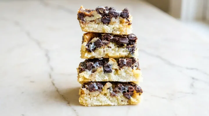 Photorealistic overhead shot of finished Magic Cookie Bars on white marble, ready to serve. Golden brown and perfectly layered.