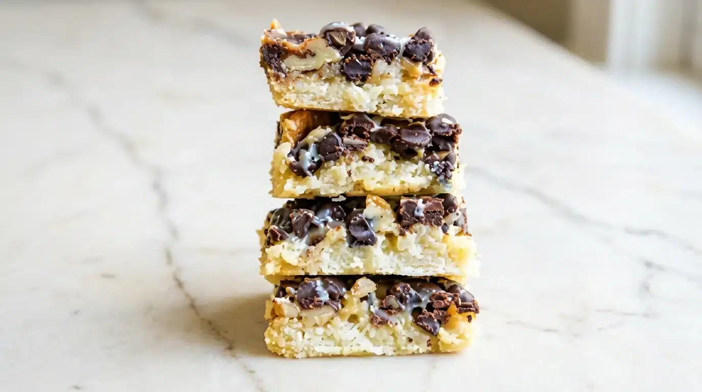 Magic Cookie Bars Photorealistic overhead shot of finished Magic Cookie Bars on white marble, ready to serve. Golden brown and perfectly layered.