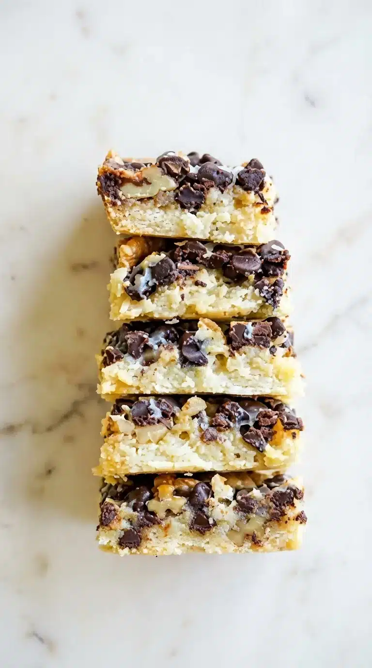 Magic Cookie Bars Photorealistic Magic Cookie Bars, freshly baked and plated on white marble. Natural light, 9:16 frame, overhead angle.