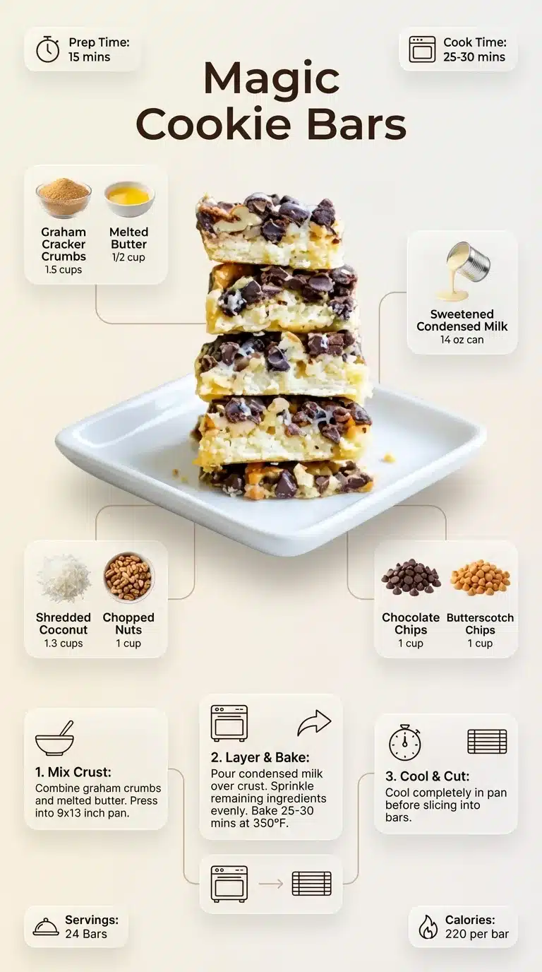 Magic Cookie Bars Modern infographic for Magic Cookie Bars showing plated cookies, ingredients with icons, and step-by-step prep. Vertical 9x16 format.