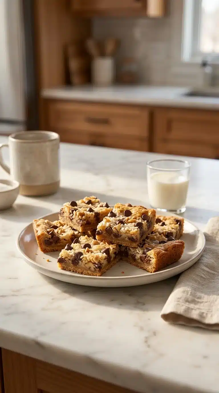 Magic Cookie Bars Photorealistic Magic Cookie Bars, freshly baked and served with simple sides on a white marble surface in a home kitchen setting.