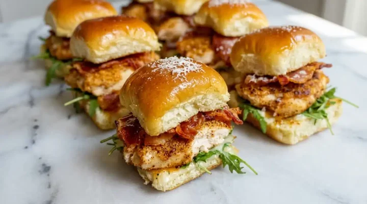Photorealistic Maple Chicken Bacon Sliders, naturally plated on white marble, ready to serve with natural daylight.
