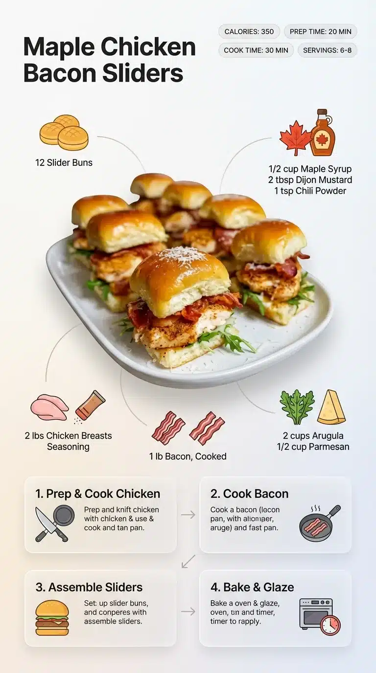 Maple Chicken Bacon Sliders Ultra clean modern recipe infographic for Maple Chicken Bacon Sliders, highlighting the delicious plated sliders, key ingredients, and easy preparation steps.