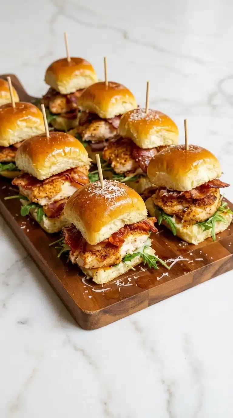 Maple Chicken Bacon Sliders Photorealistic Maple Chicken Bacon Sliders, freshly cooked and ready to serve on white marble.