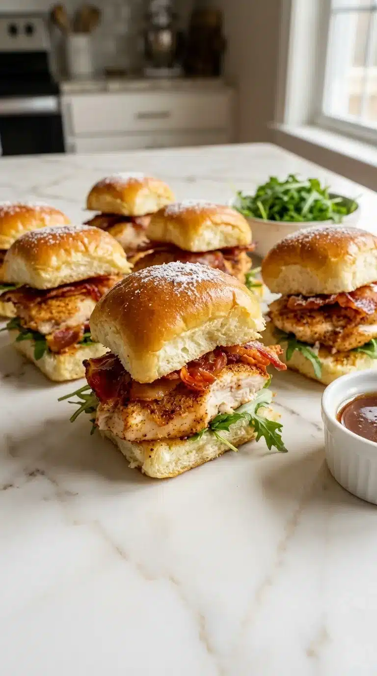 Maple Chicken Bacon Sliders Photorealistic Maple Chicken Bacon Sliders served fresh on white marble, ready to eat as part of an everyday meal.