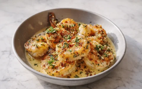 Marry Me Shrimps in creamy garlic Parmesan sauce served in a skillet on white marble surface